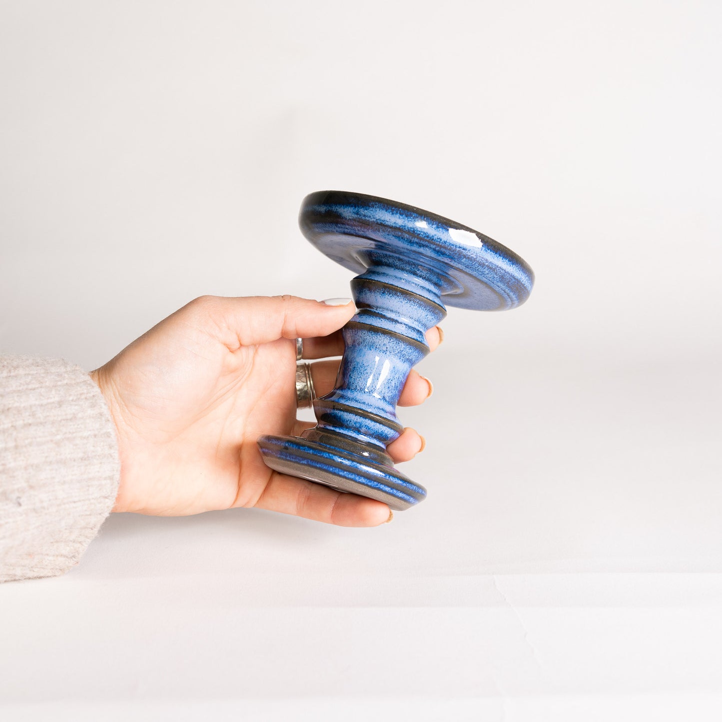 Handmade Ornamental Pillar Candle Holder - Textured Blue